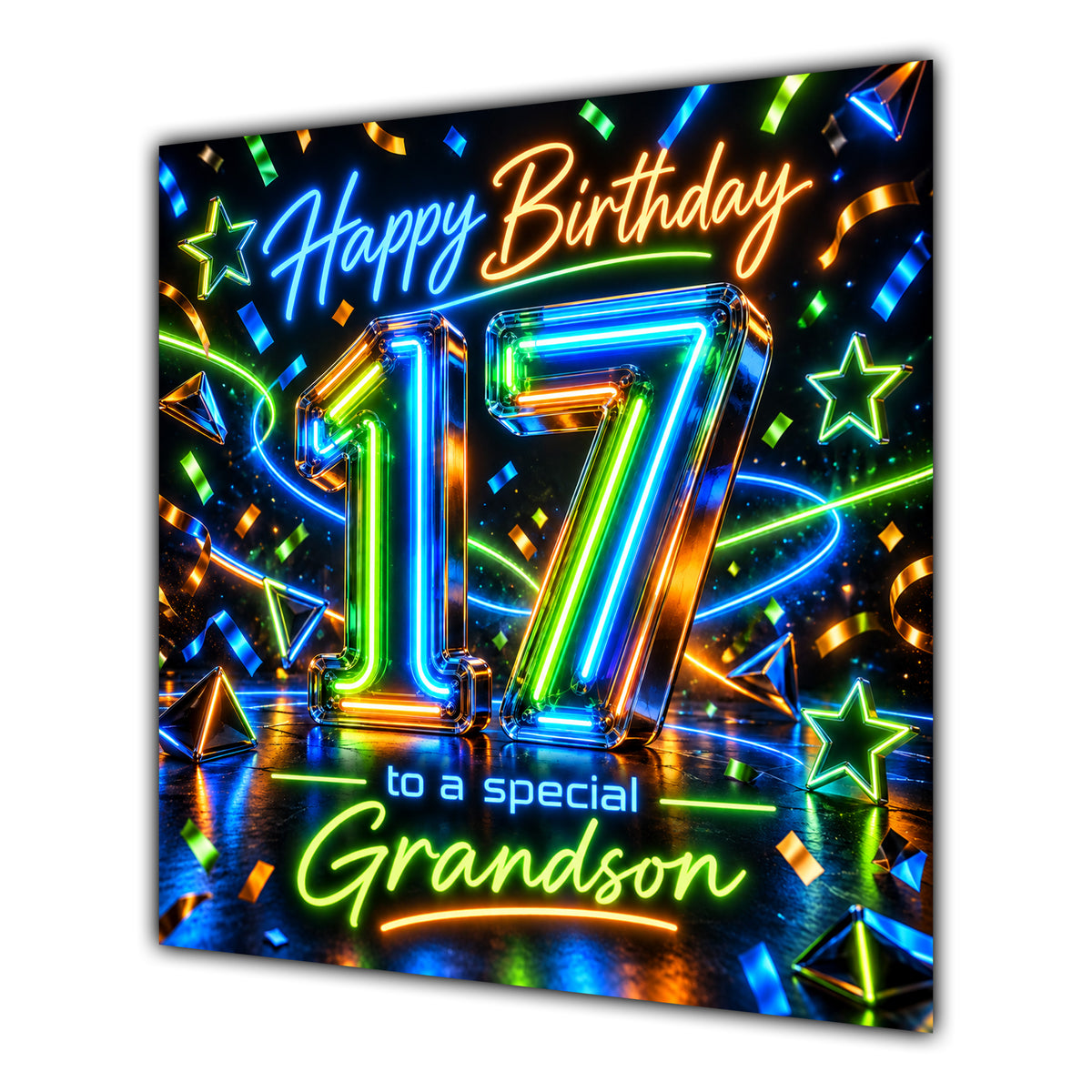 Grandson 17th Birthday Card Neon Number Stars Colourful