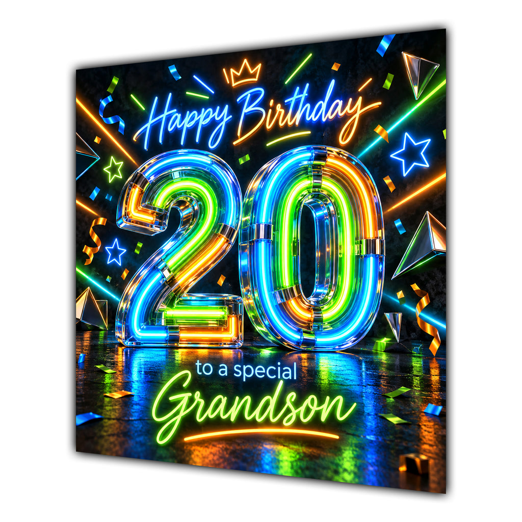 Grandson 20th Birthday Card Neon Number Stars Colourful