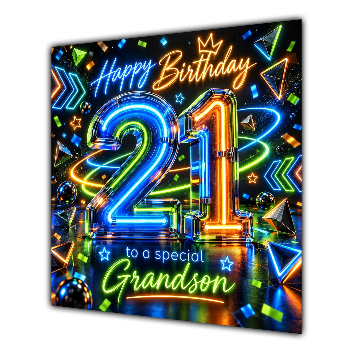 Grandson 21st Birthday Card Neon Number Stars Colourful