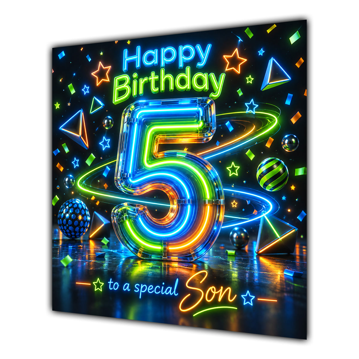 Son 5th Birthday Card Neon Number Stars Colourful