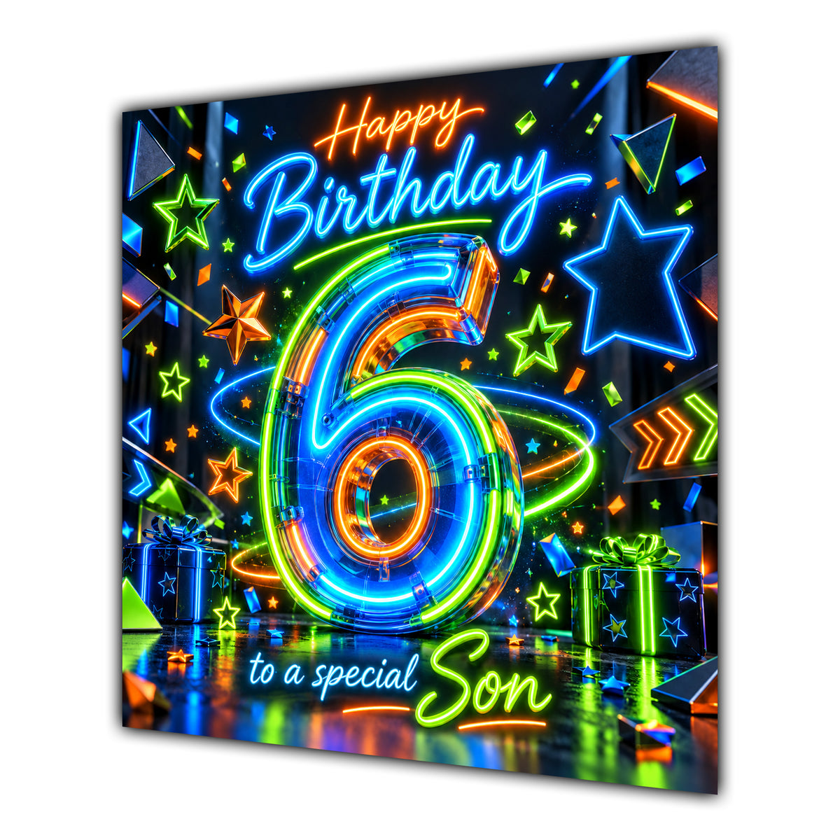 Son 6th Birthday Card Neon Number Stars Colourful