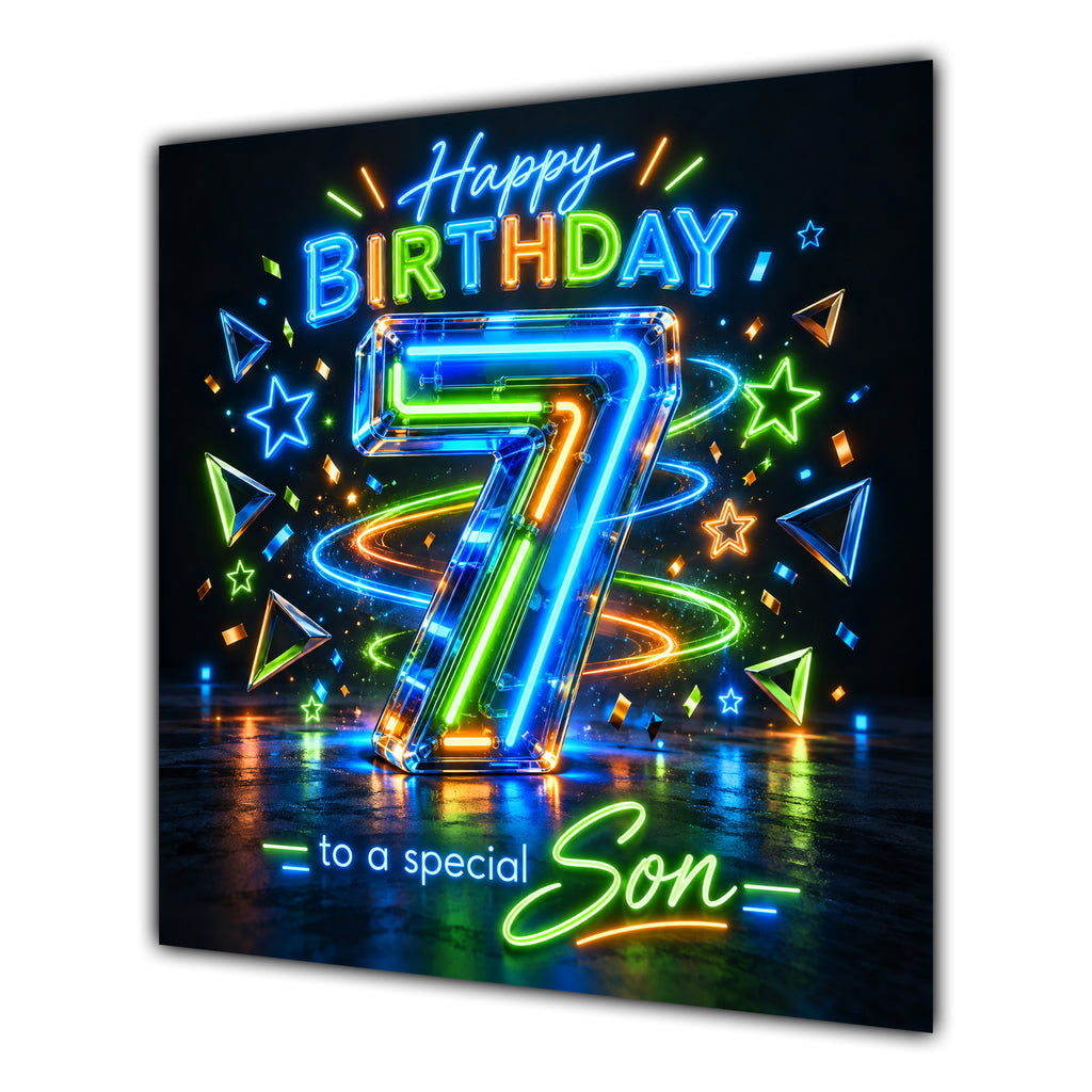 Son 7th Birthday Card Neon Number Stars Colourful