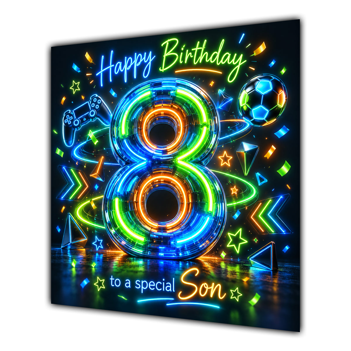 Son 8th Birthday Card Neon Number Stars Colourful