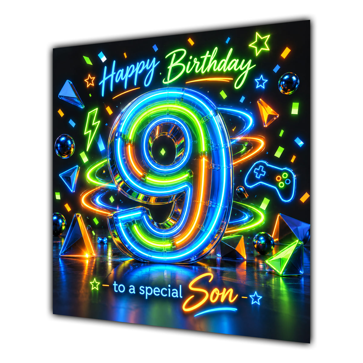 Son 9th Birthday Card Neon Number Stars Colourful