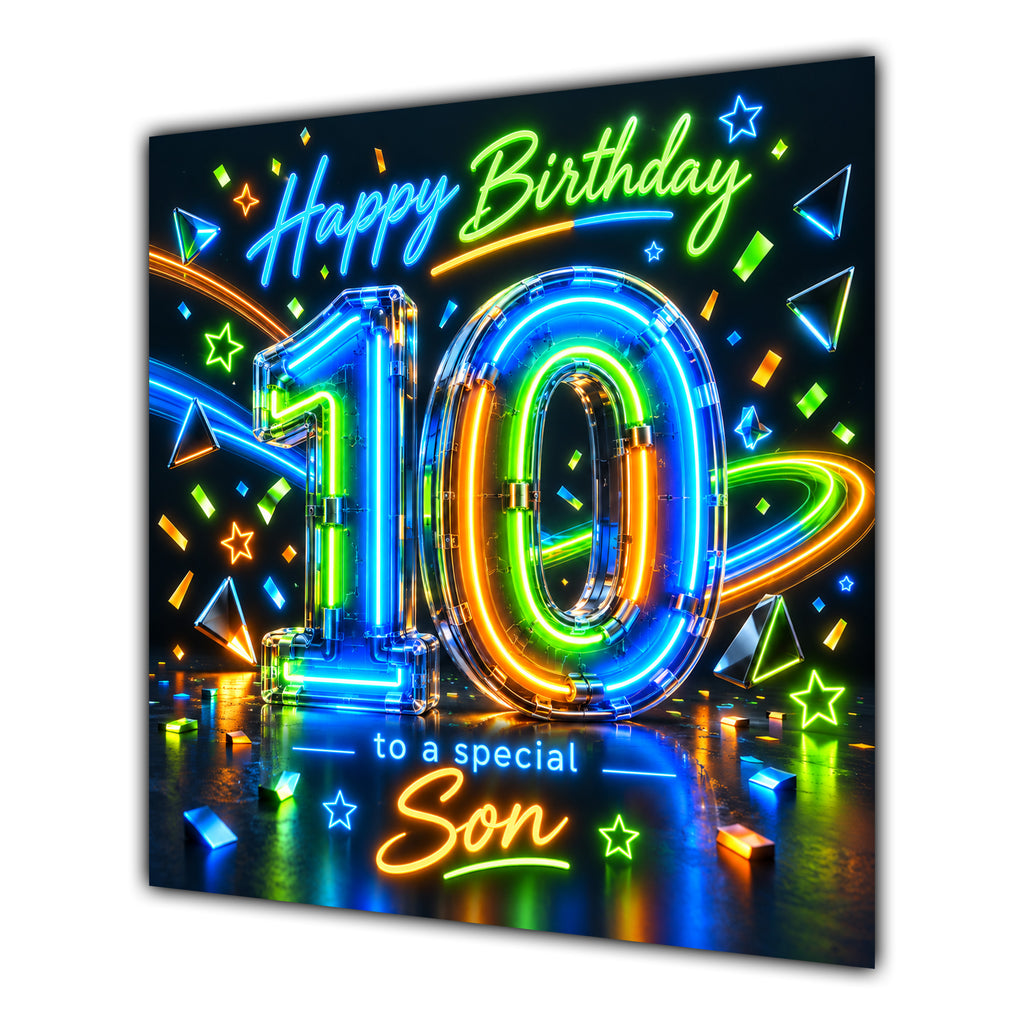 Son 10th Birthday Card Neon Number Stars Colourful