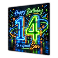Son 14th Birthday Card Neon Number Stars Colourful