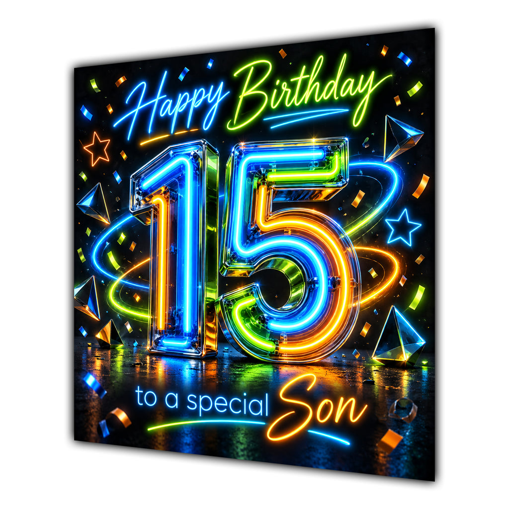 Son 15th Birthday Card Neon Number Stars Colourful