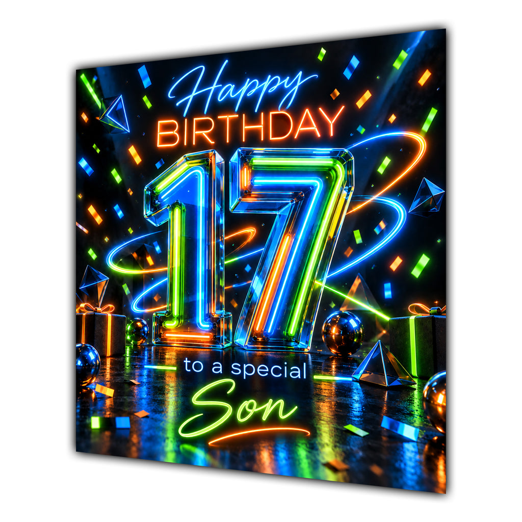 Son 17th Birthday Card Neon Number Stars Colourful