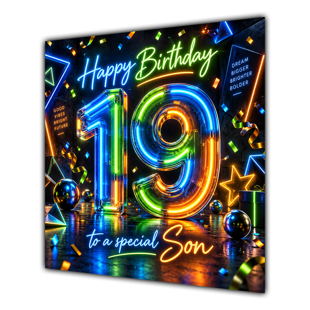 Son 19th Birthday Card Neon Number Stars Colourful