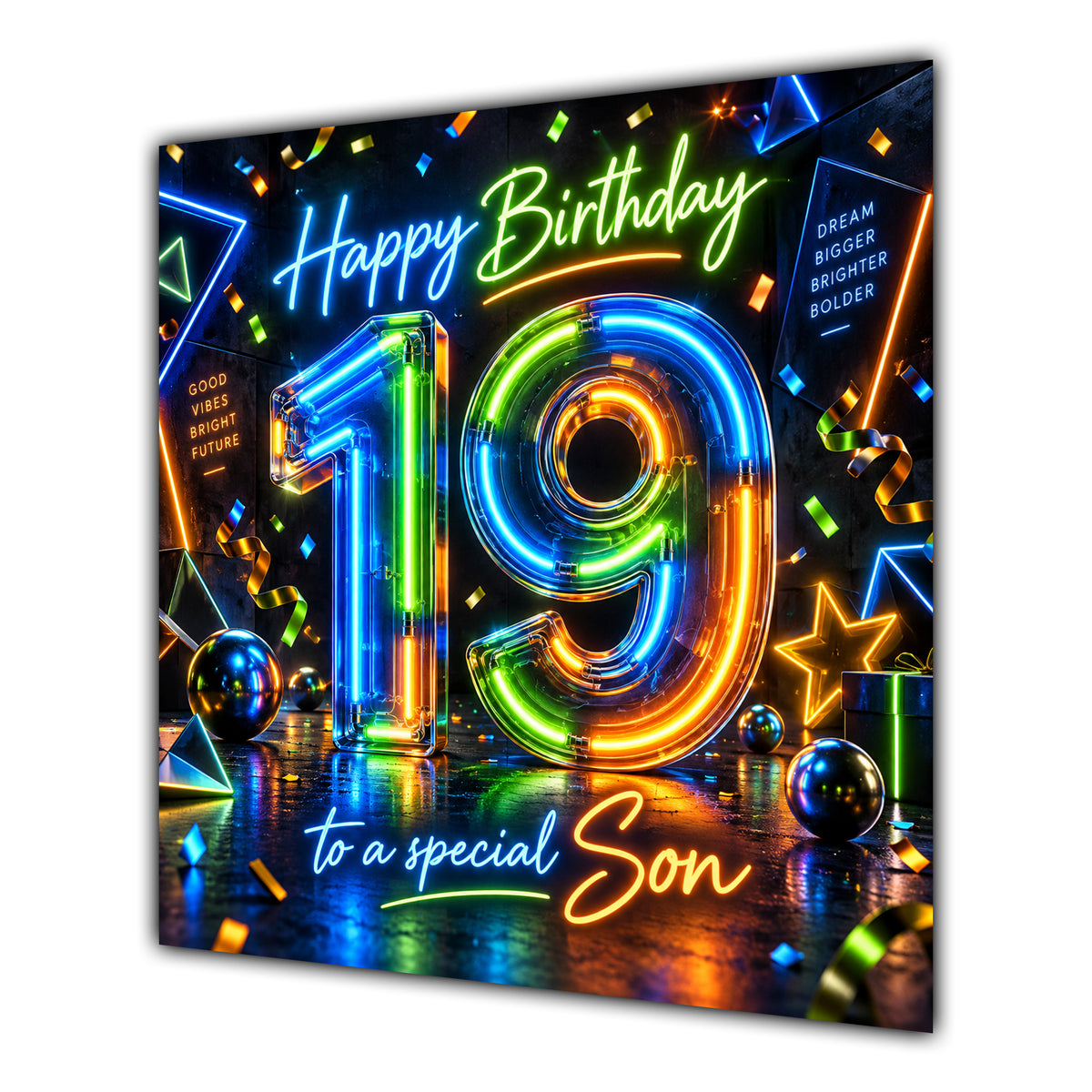 Son 19th Birthday Card Neon Number Stars Colourful