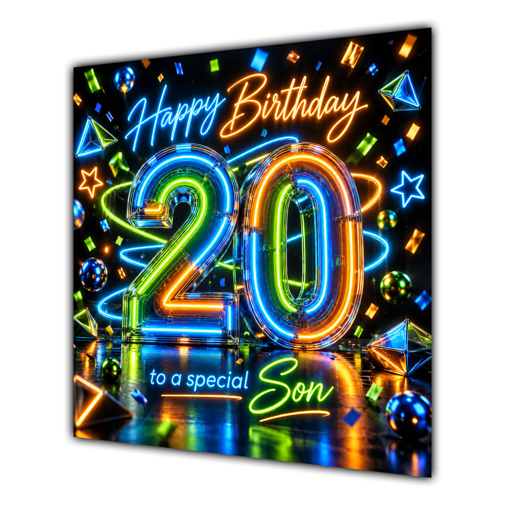 Son 20th Birthday Card Neon Number Stars Colourful