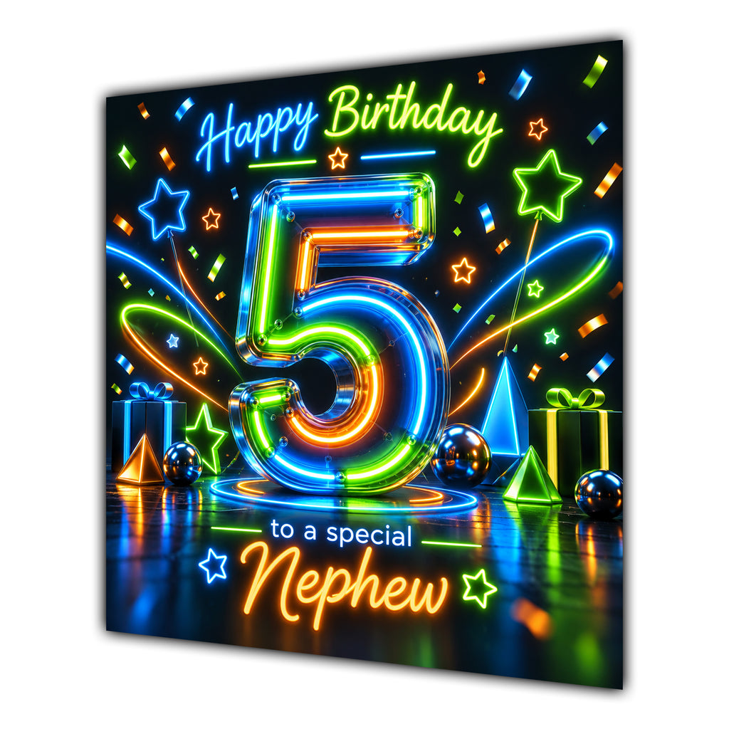 Nephew 5th Birthday Card Neon Number Stars Colourful
