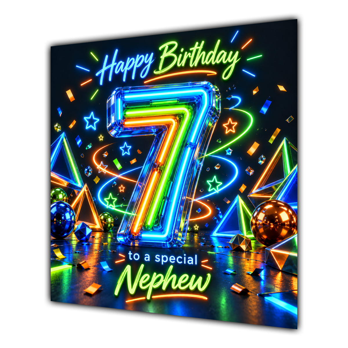 Nephew 7th Birthday Card Neon Number Stars Colourful