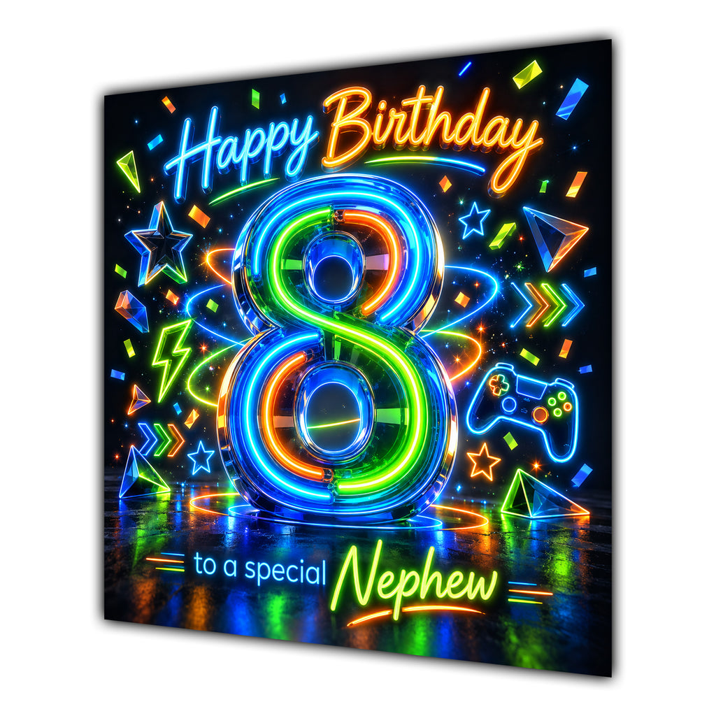 Nephew 8th Birthday Card Neon Number Stars Colourful