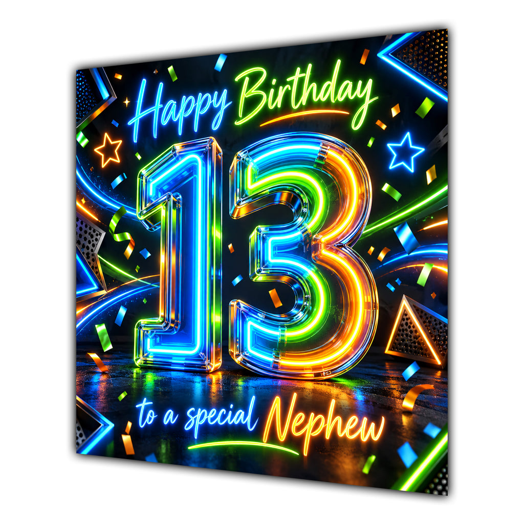 Nephew 13th Birthday Card Neon Number Stars Colourful