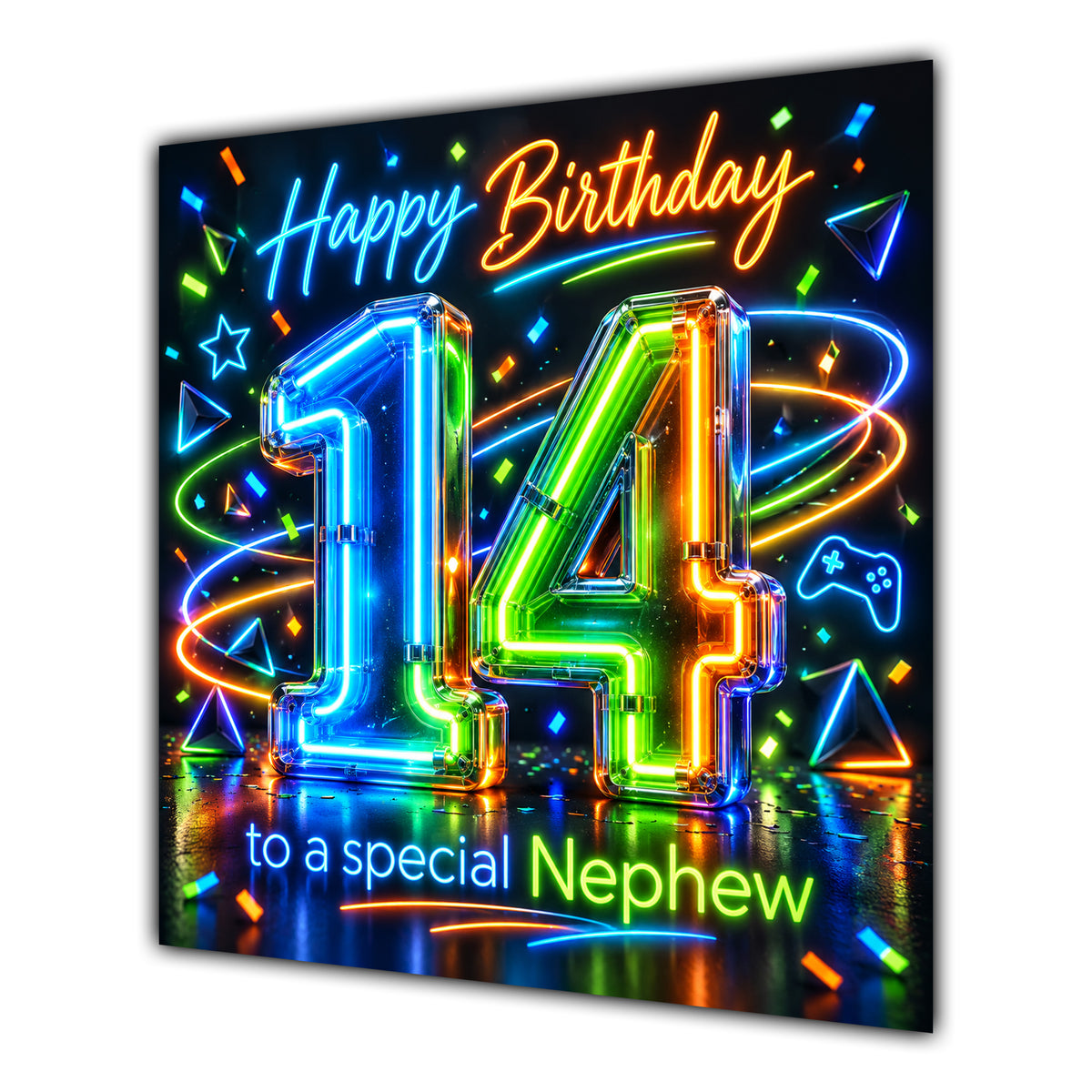 Nephew 14th Birthday Card Neon Number Stars Colourful