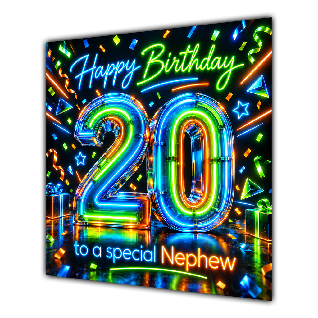 Nephew 20th Birthday Card Neon Number Stars Colourful
