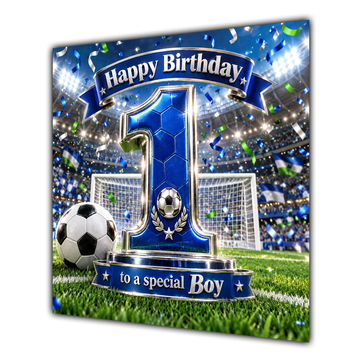 Boy 1st Birthday Card Blue Football Stadium