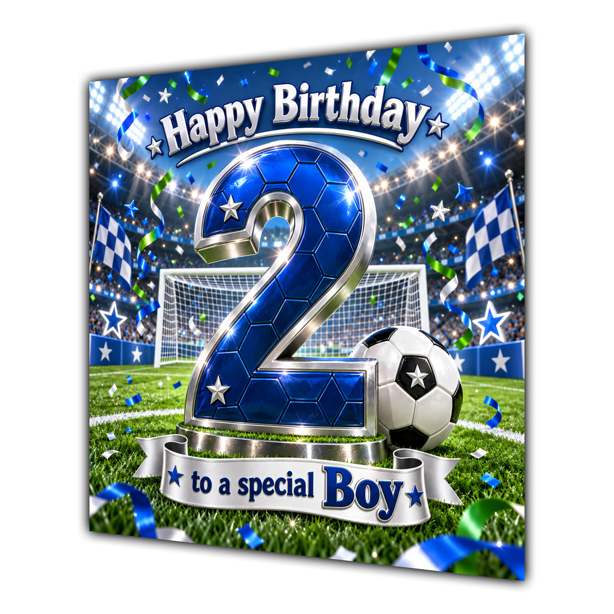 Boy 2nd Birthday Card Blue Football Stadium