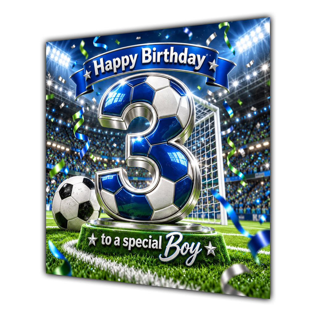 Boy 3rd Birthday Card Blue Football Stadium