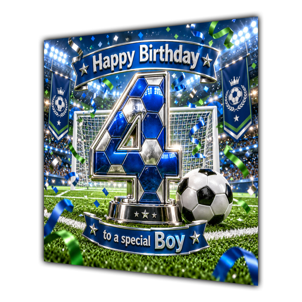 Boy 4th Birthday Card Blue Football Stadium