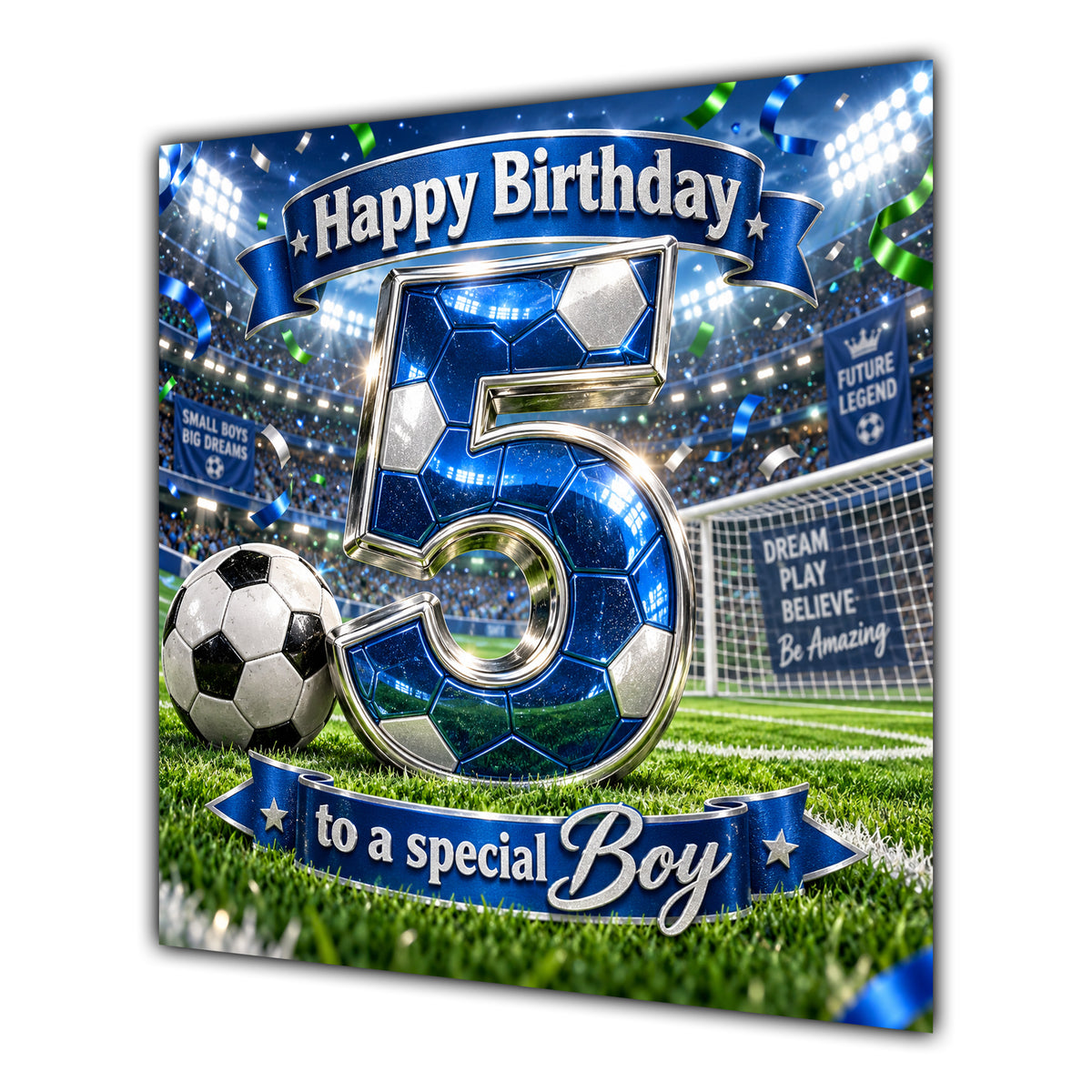 Boy 5th Birthday Card Blue Football Stadium