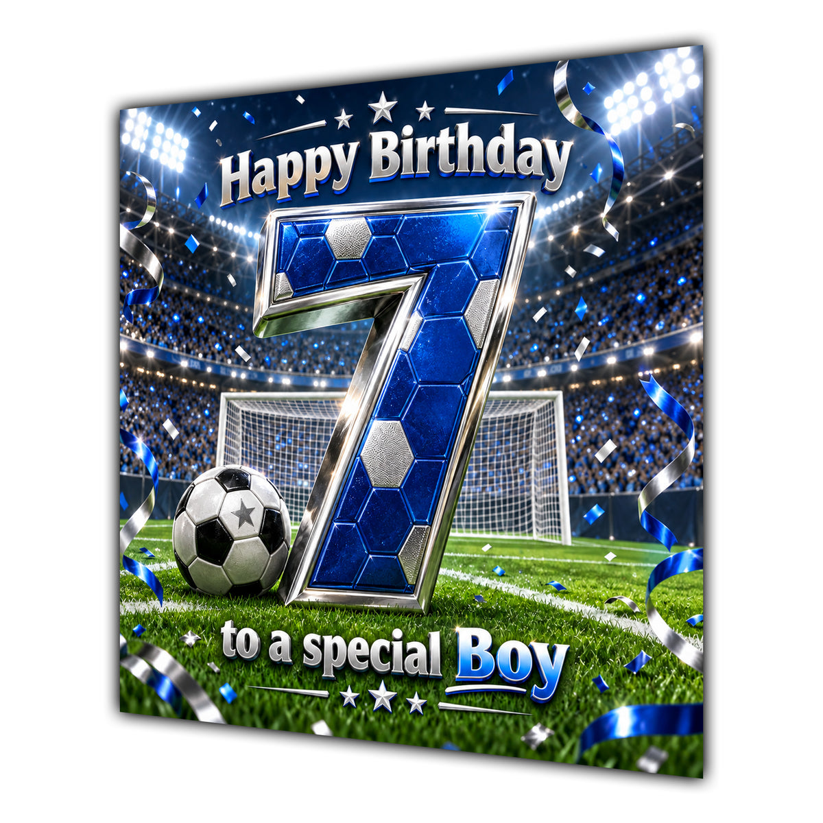 Boy 7th Birthday Card Blue Football Stadium