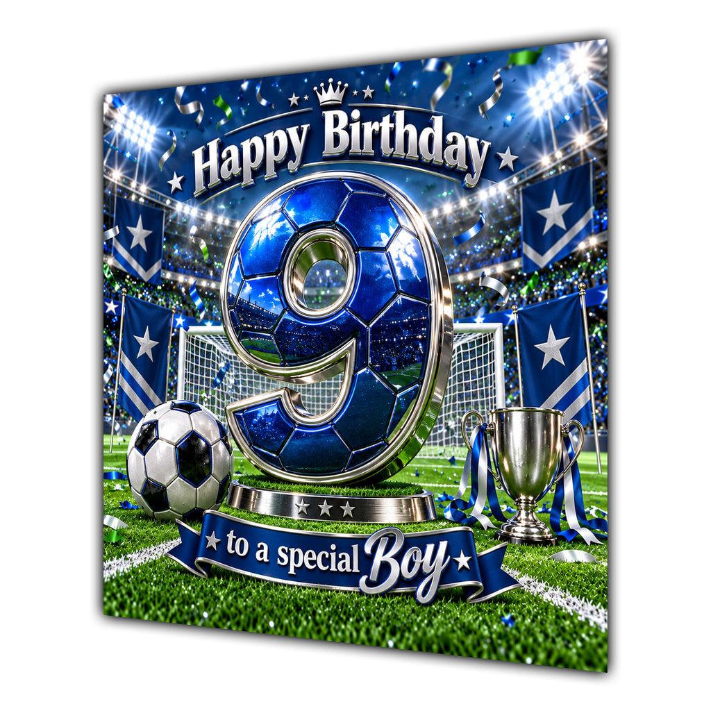 Boy 9th Birthday Card Blue Football Stadium