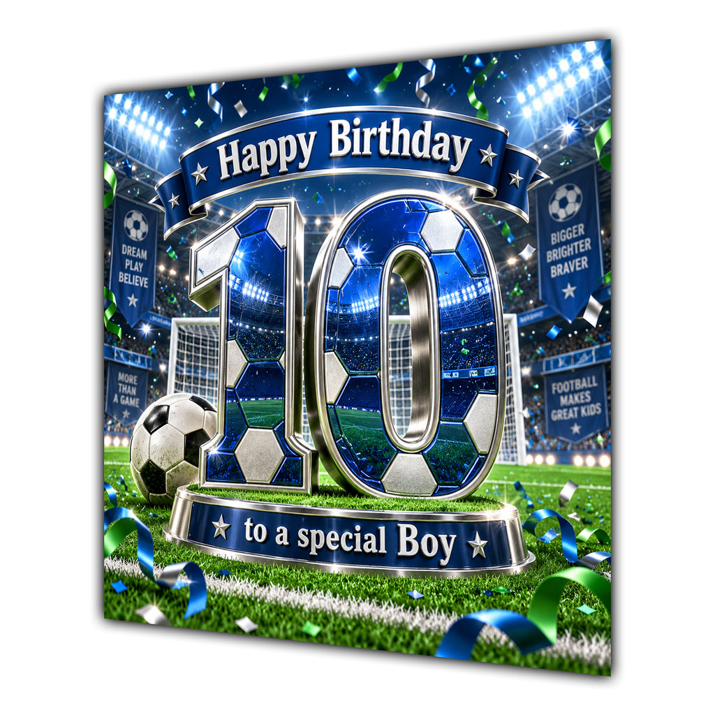 Boy 10th Birthday Card Blue Football Stadium
