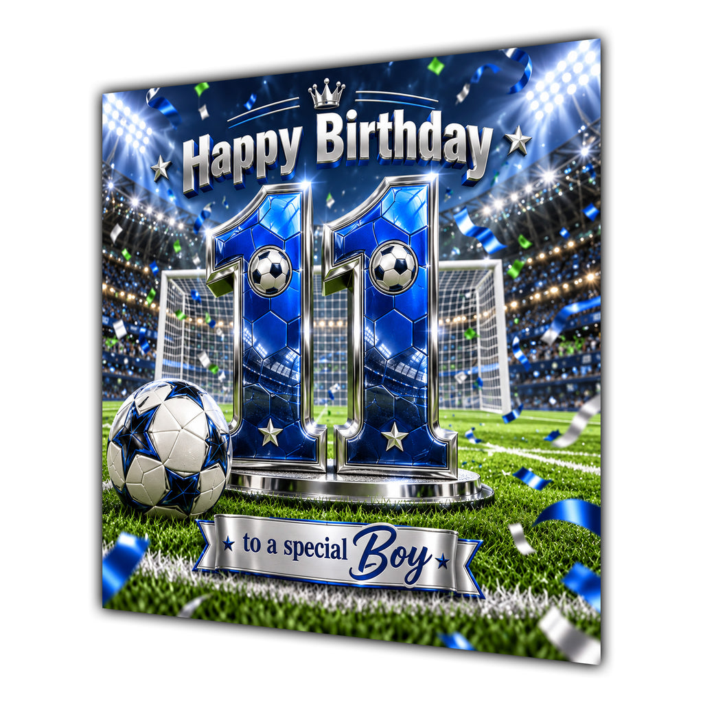 Boy 11th Birthday Card Blue Football Stadium