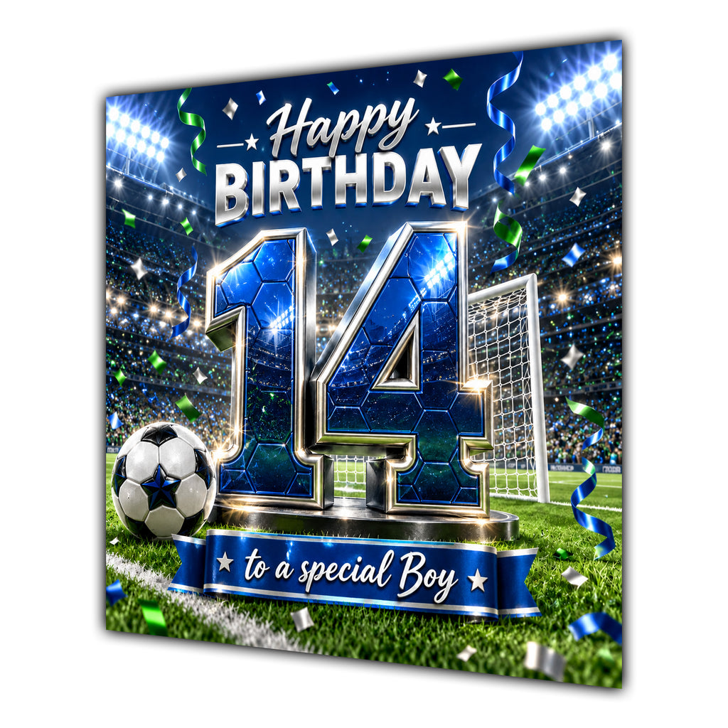 Boy 14th Birthday Card Blue Football Stadium