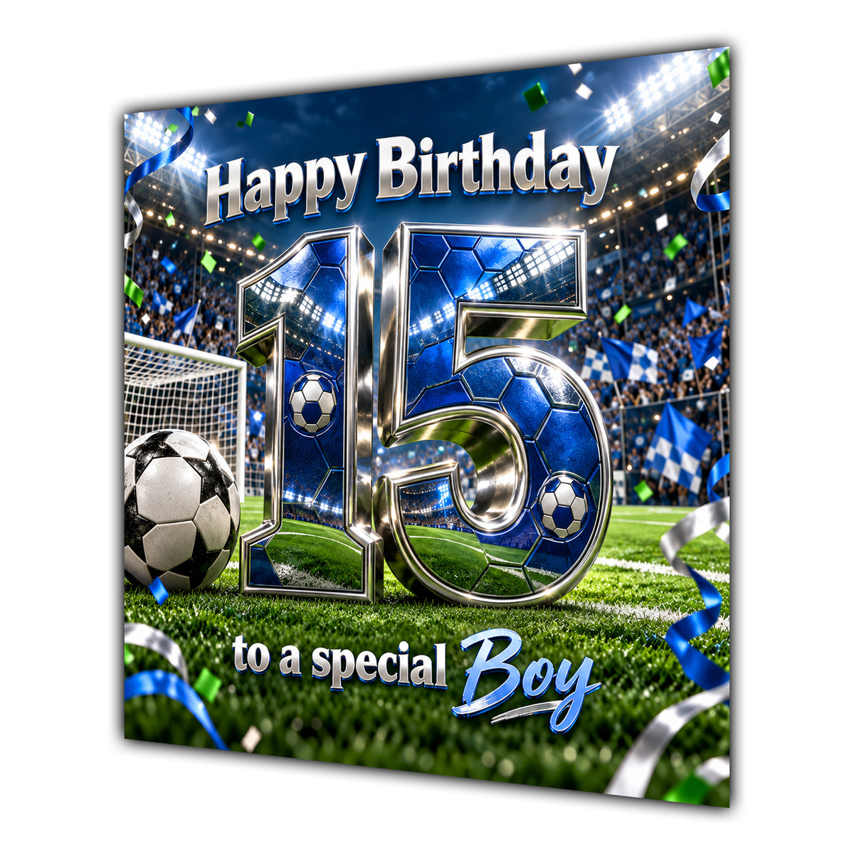 Boy 15th Birthday Card Blue Football Stadium