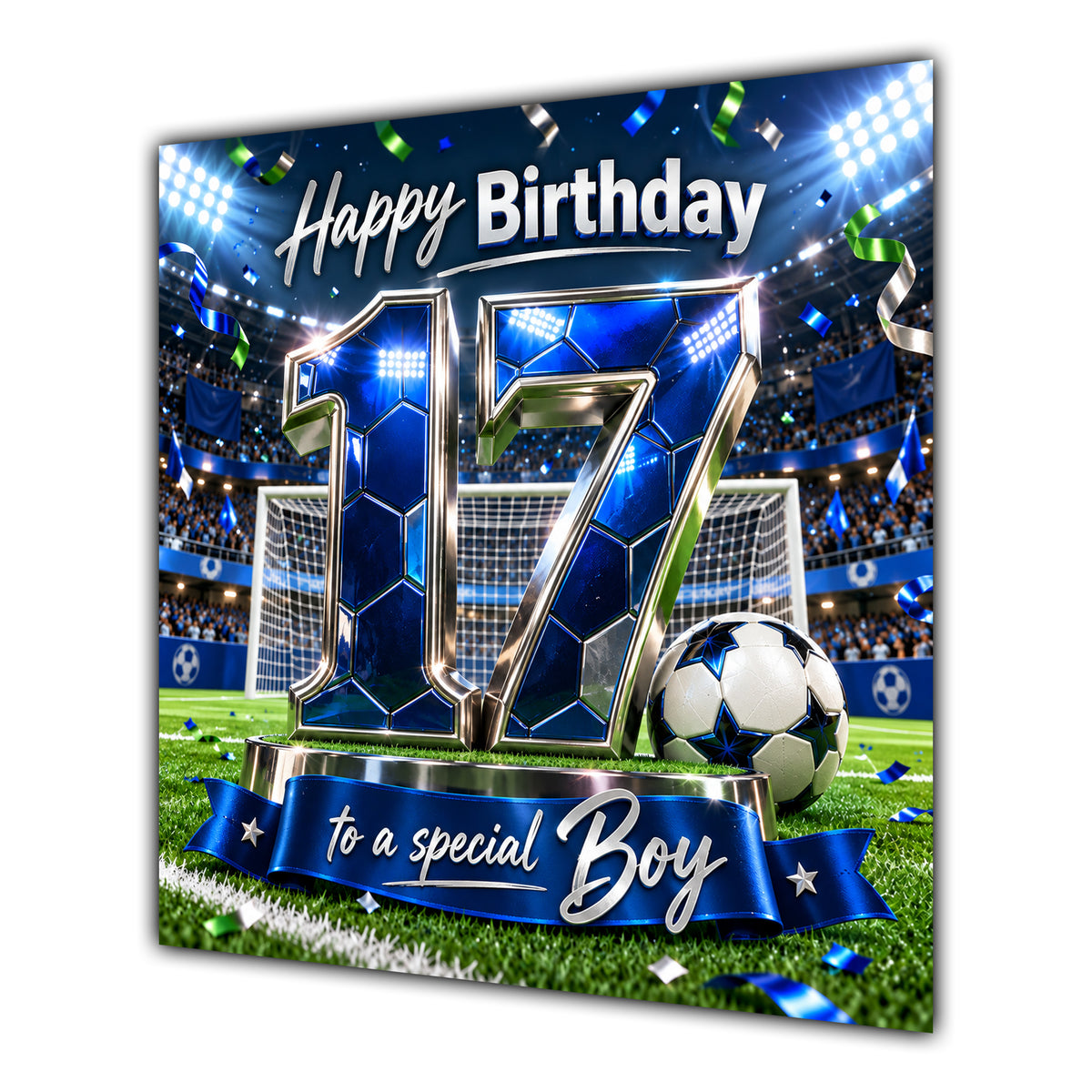Boy 17th Birthday Card Blue Football Stadium