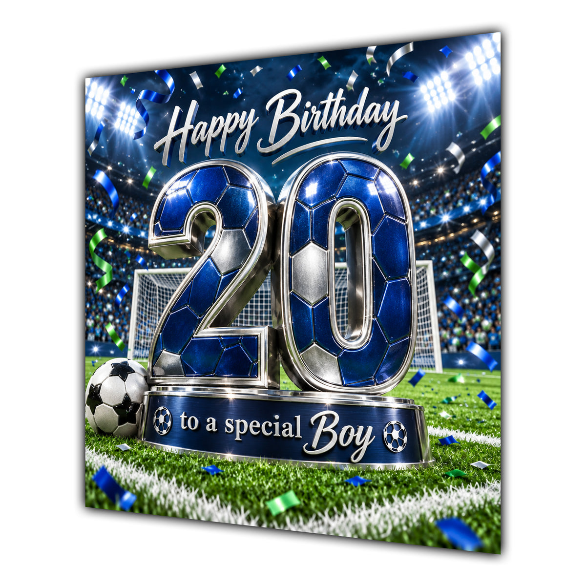 Boy 20th Birthday Card Blue Football Stadium