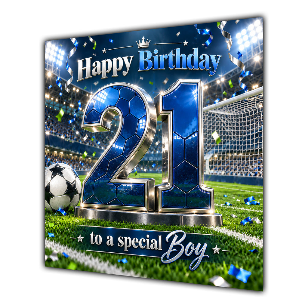 Boy 21st Birthday Card Blue Football Stadium