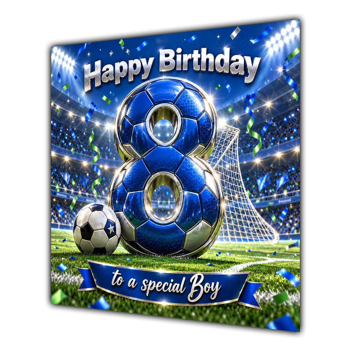 Boy 8th Birthday Card Blue Football Stadium