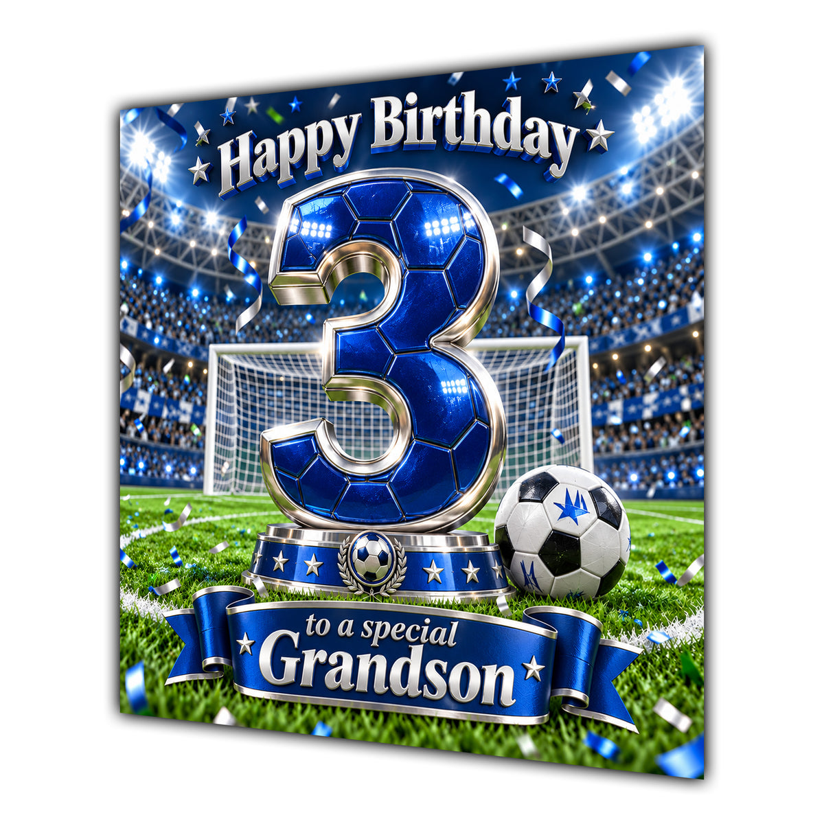 Grandson 3rd Birthday Card Blue Football Stadium