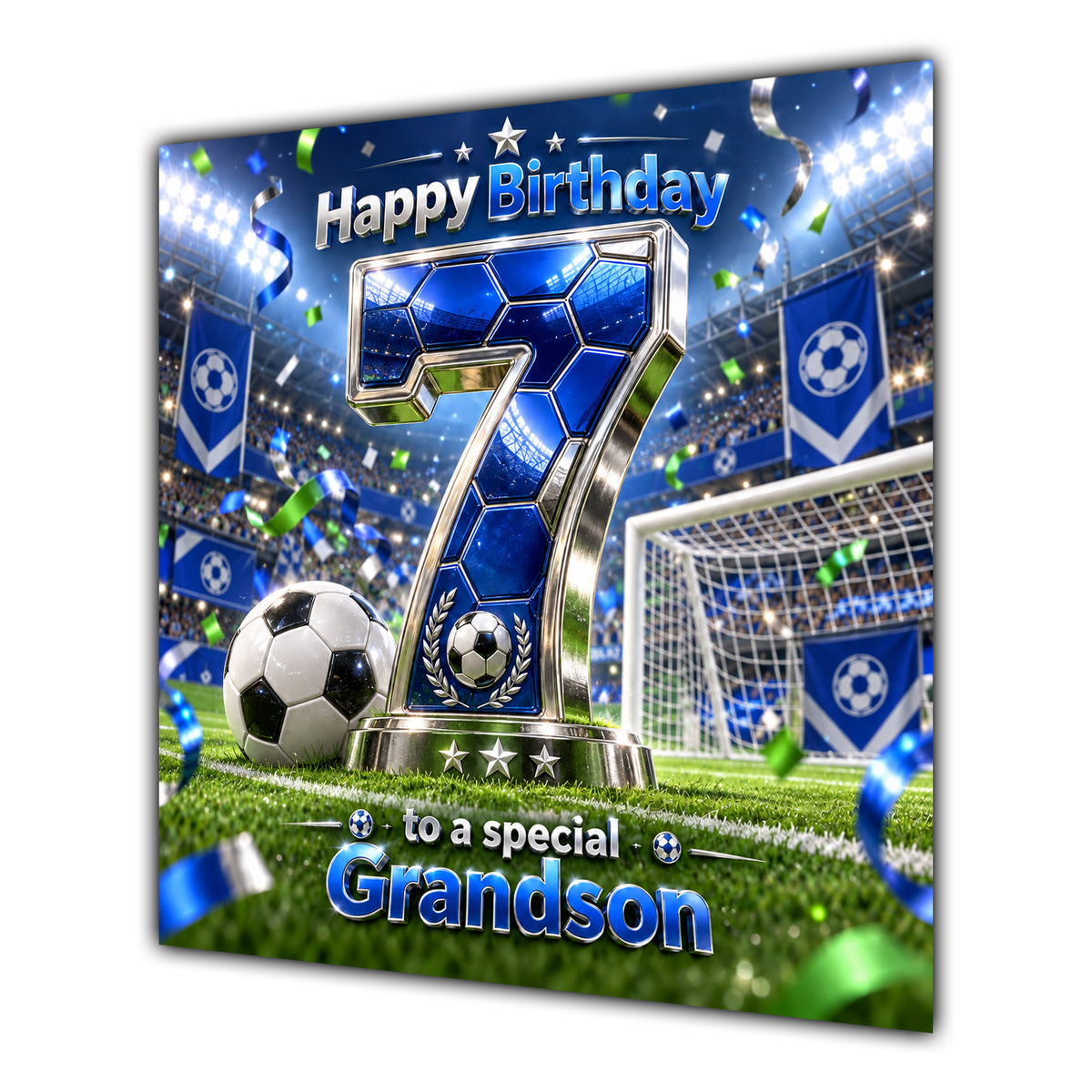 Grandson 7th Birthday Card Blue Football Stadium