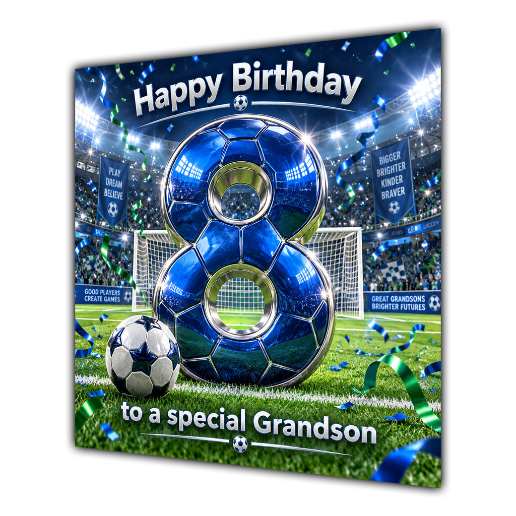 Grandson 8th Birthday Card Blue Football Stadium