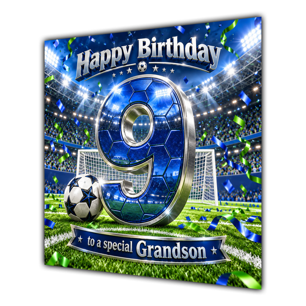Grandson 9th Birthday Card Blue Football Stadium