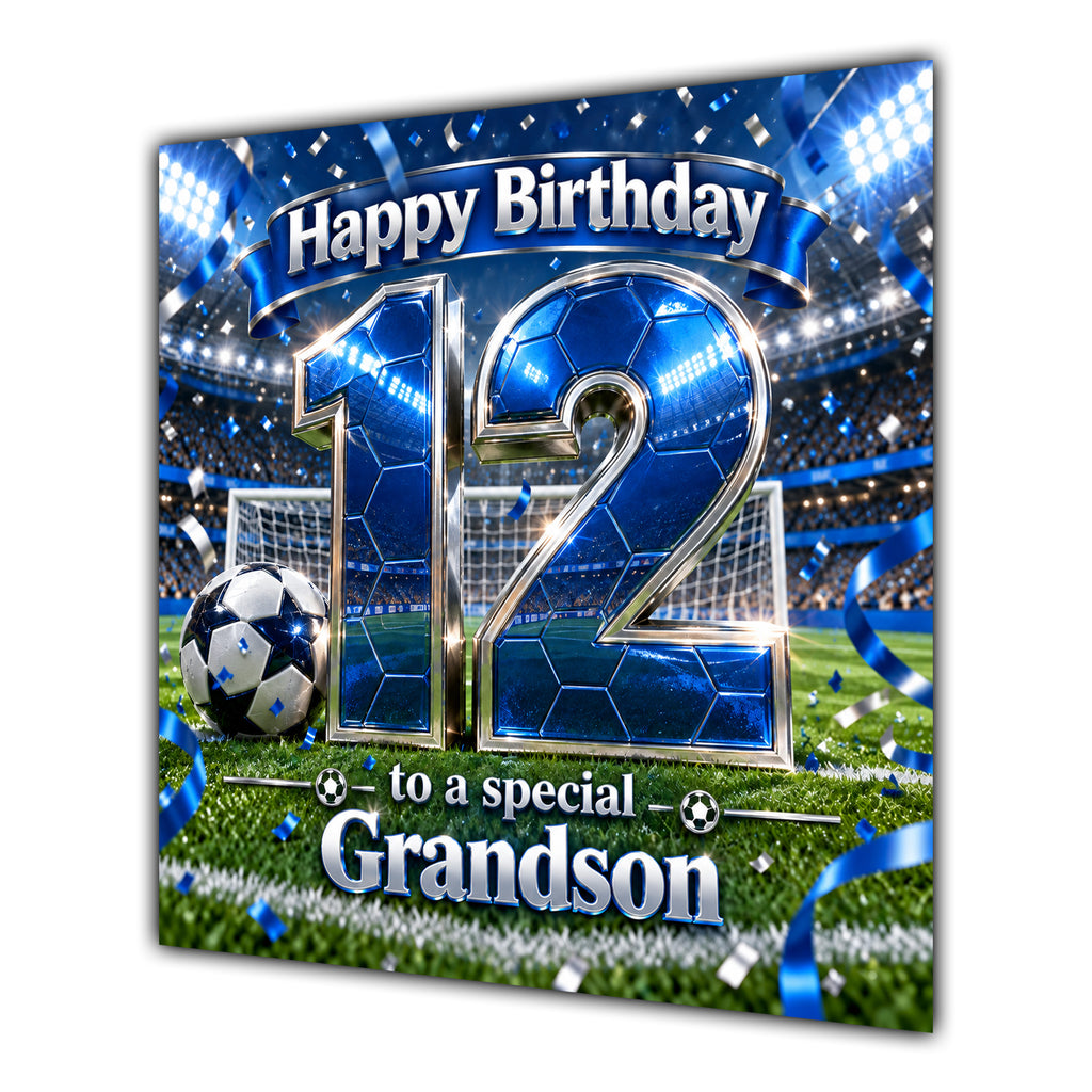 Grandson 12th Birthday Card Blue Football Stadium