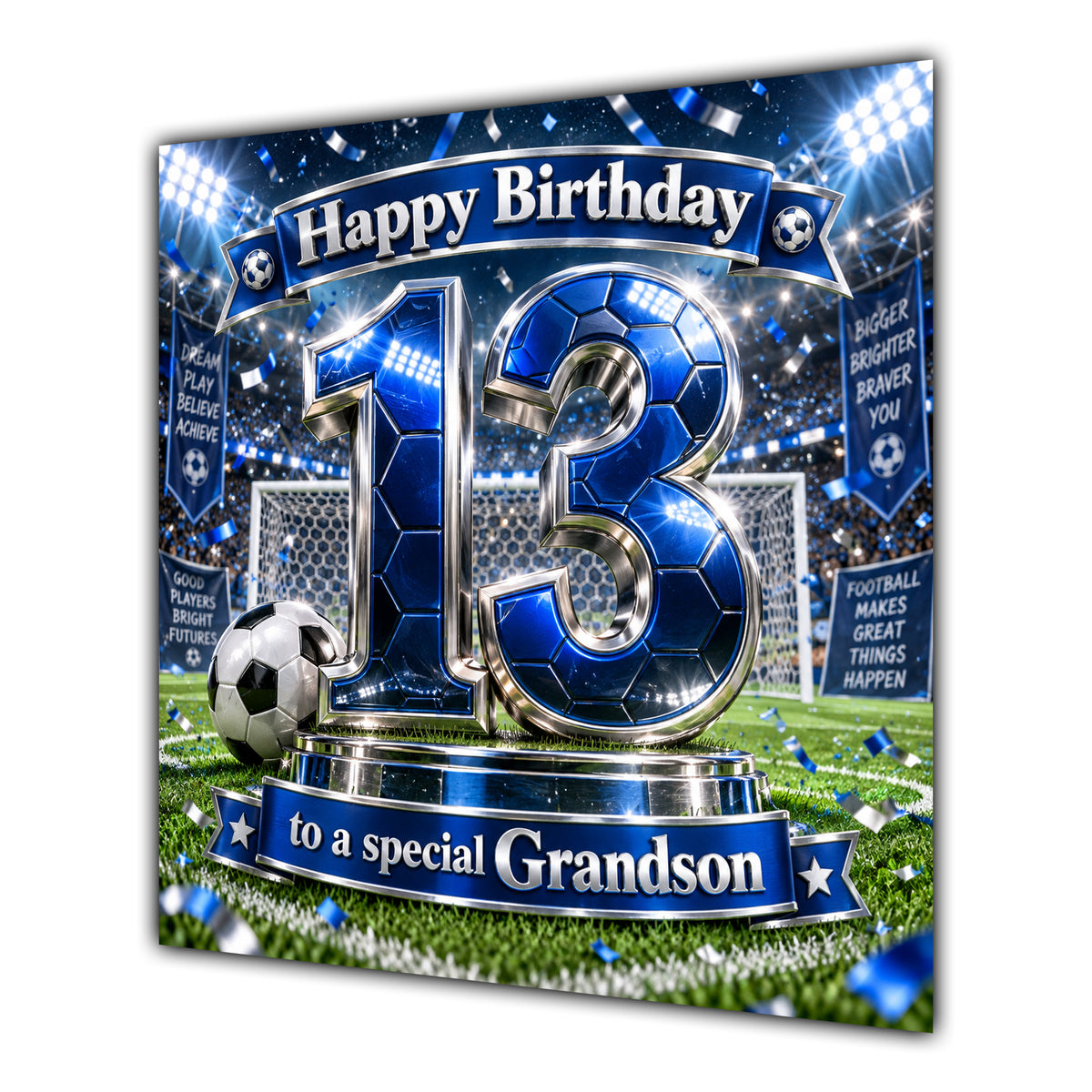 Grandson 13th Birthday Card Blue Football Stadium