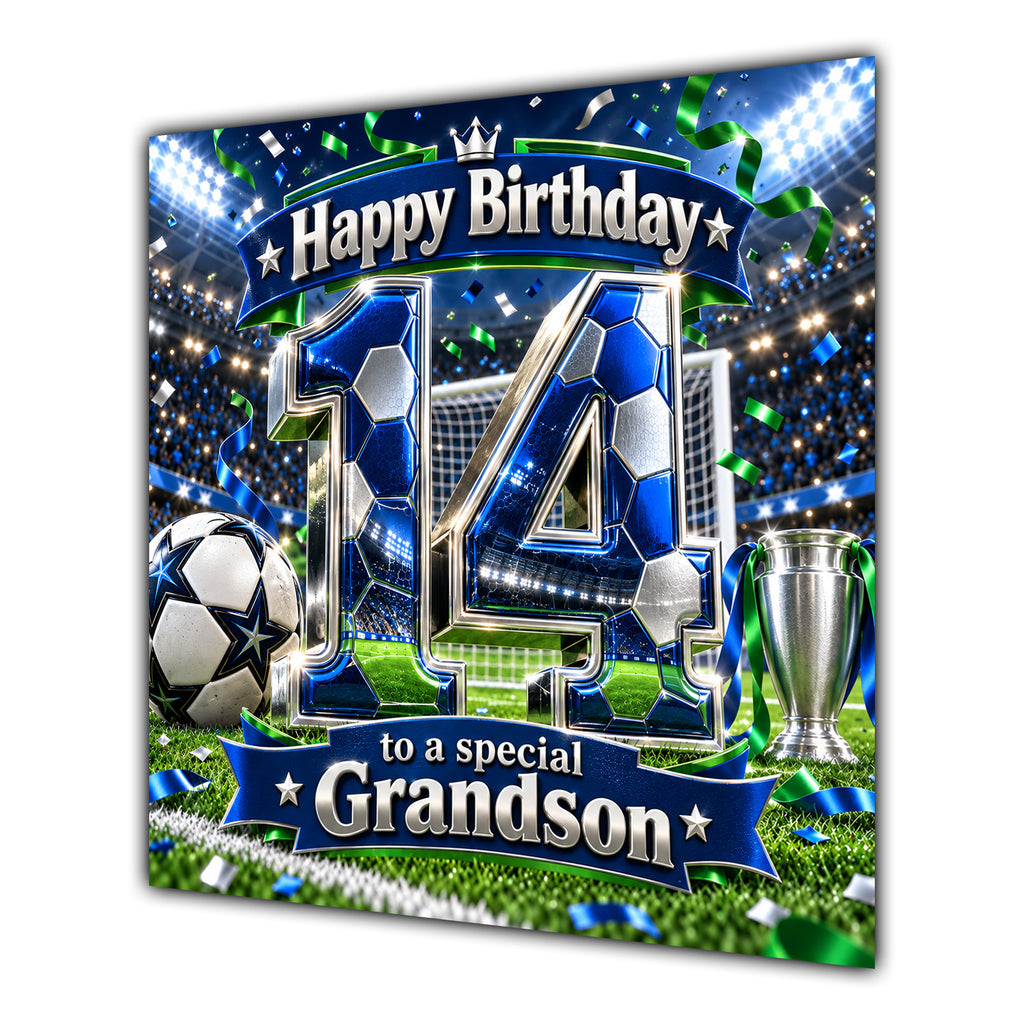 Grandson 14th Birthday Card Blue Football Stadium