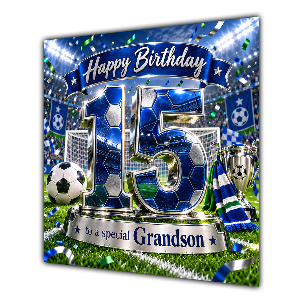 Grandson 15th Birthday Card Blue Football Stadium