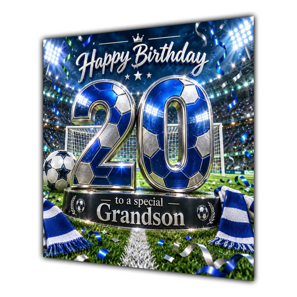 Grandson 20th Birthday Card Blue Football Stadium
