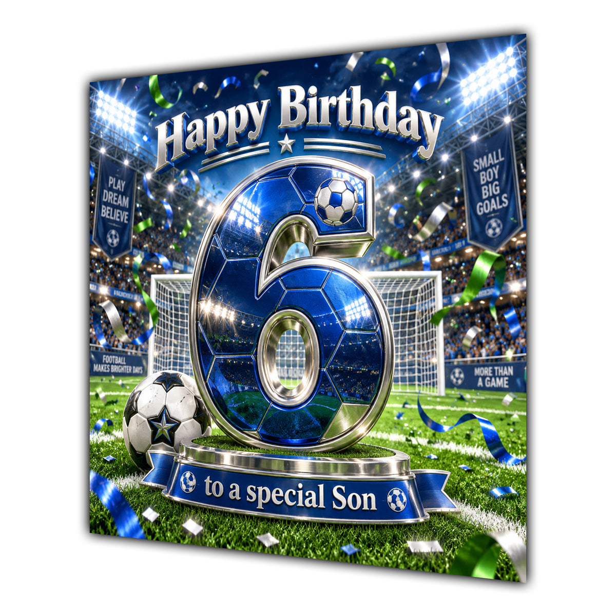Son 6th Birthday Card Blue Football Stadium