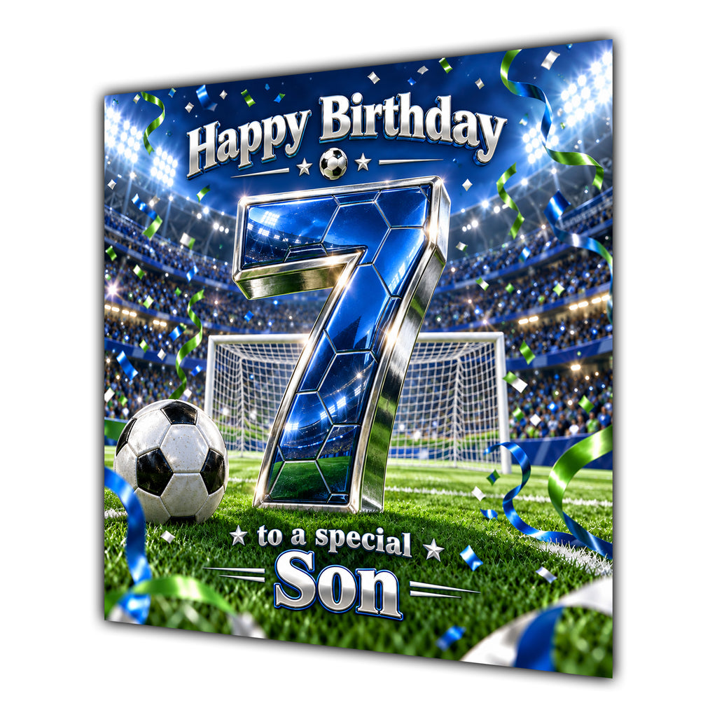 Son 7th Birthday Card Blue Football Stadium
