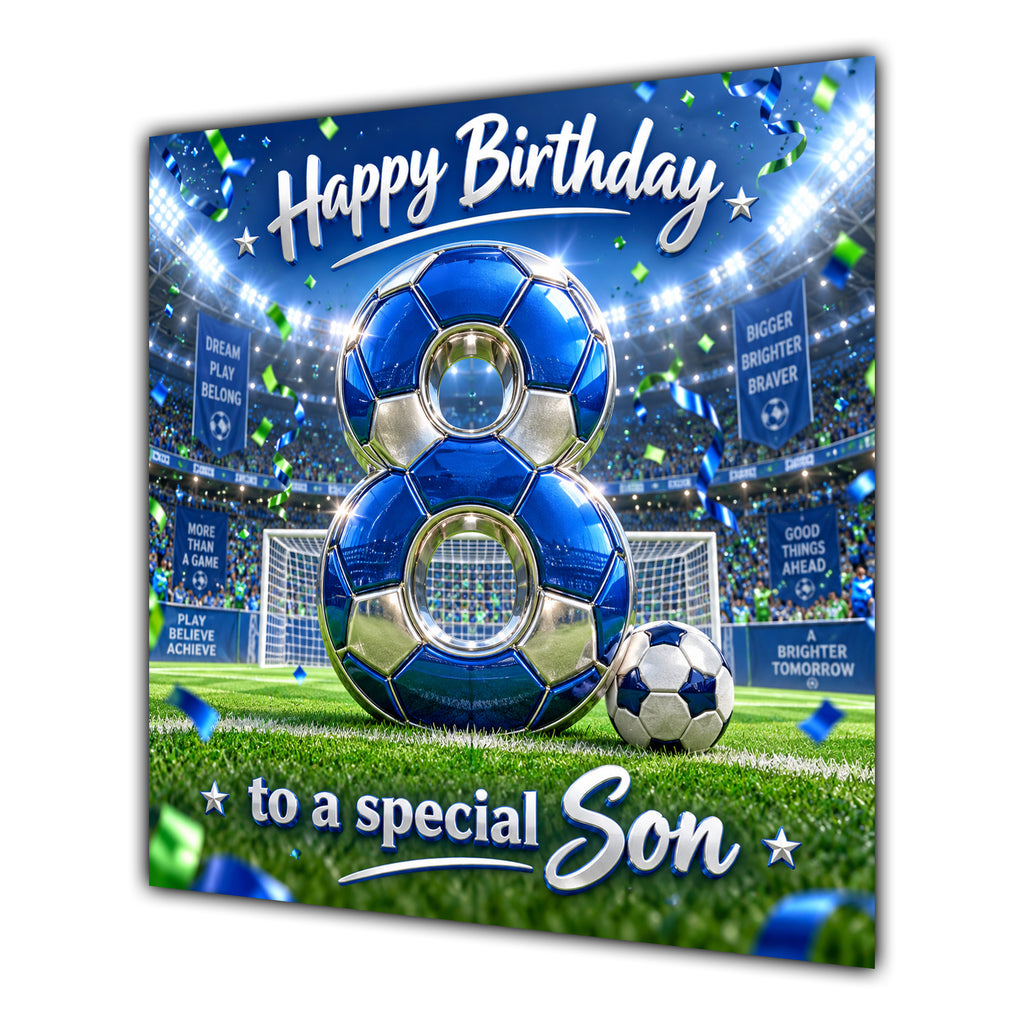 Son 8th Birthday Card Blue Football Stadium