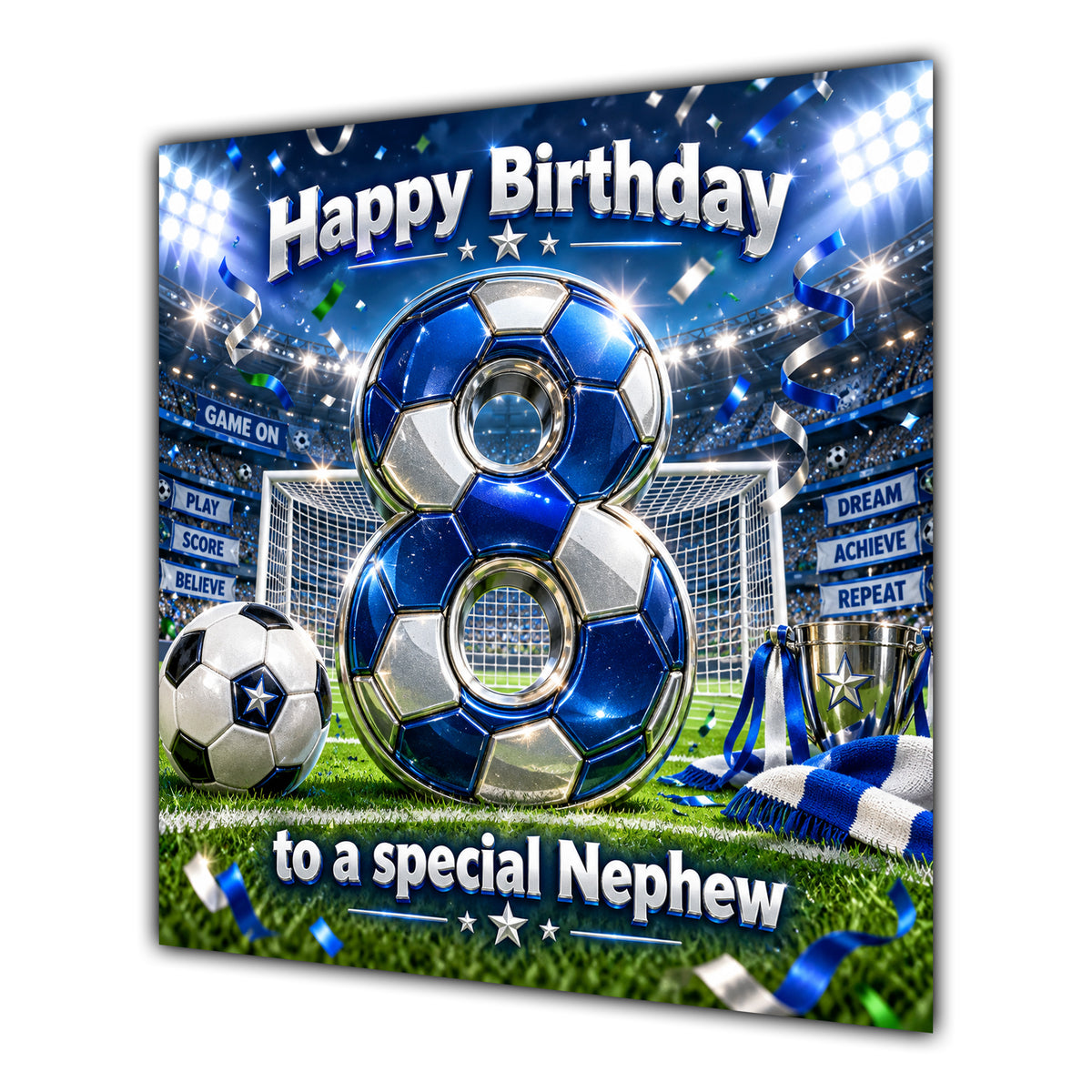 Nephew 8th Birthday Card Blue Football Stadium