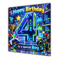 Boy 4th Birthday Card Neon Gaming Controller Level Up